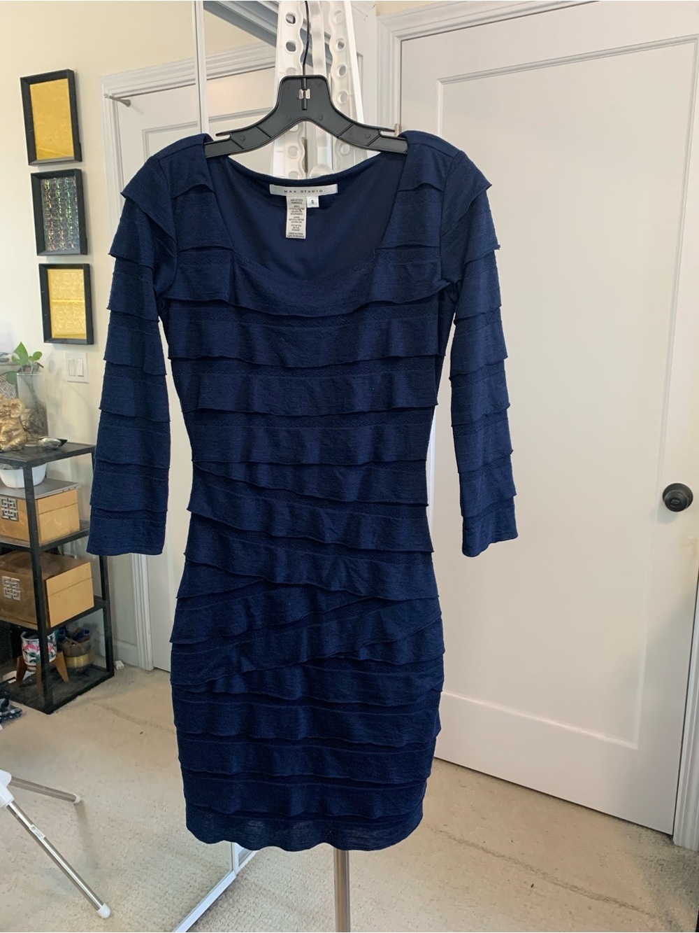 Max Studio Navy Textured Tiered Long Sleeve Dress